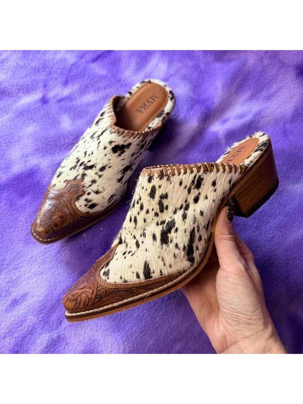 Myra cowhide leather cowboy mules